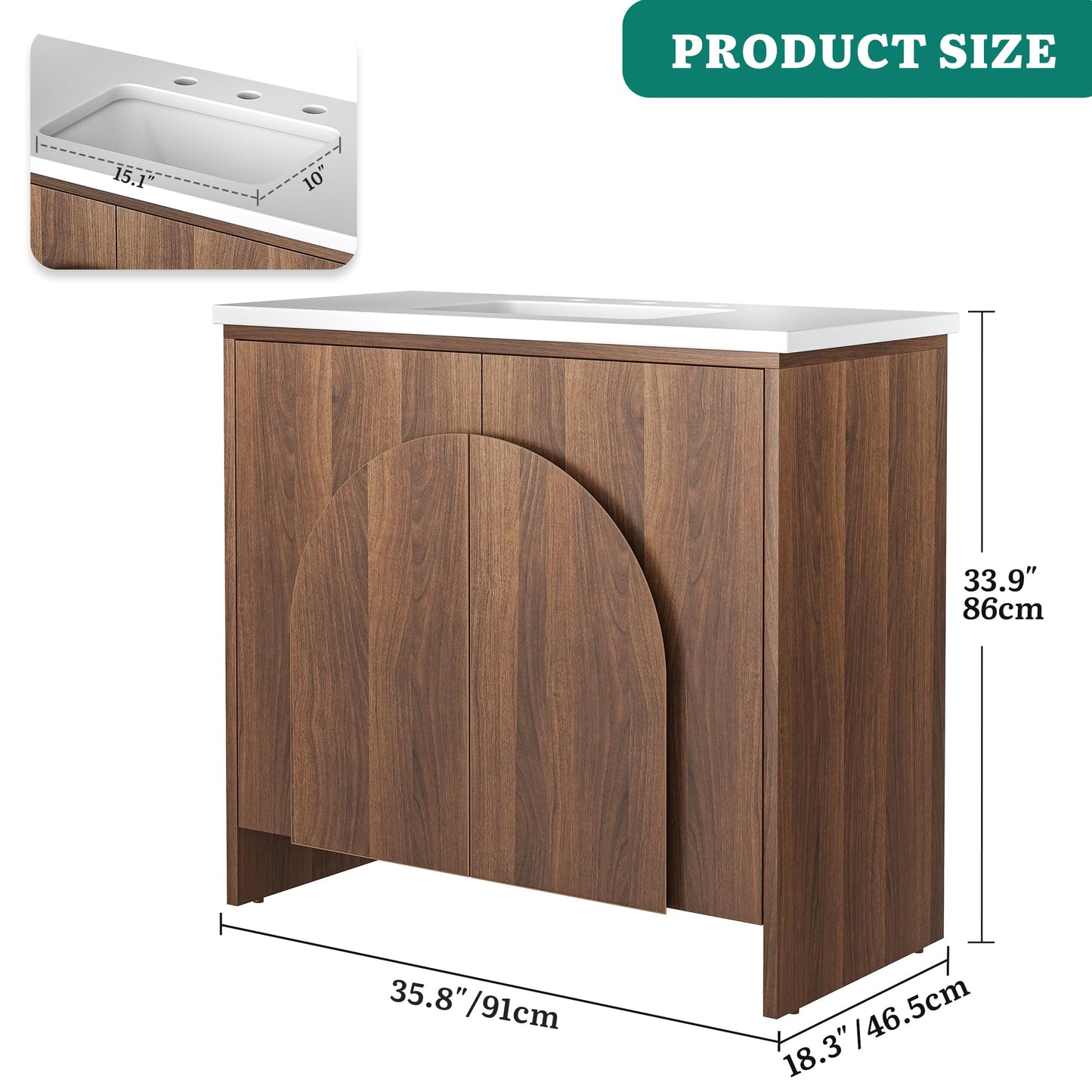 YITAHOME 36 Inch Arched Door Bathroom Vanity with Sink, White Artificial Stone Countertop, Undermount Ceramic Basin, Soft Close Hinge, Adjustable Shelf, Single Drain, Bathroom Vanities Cabinet