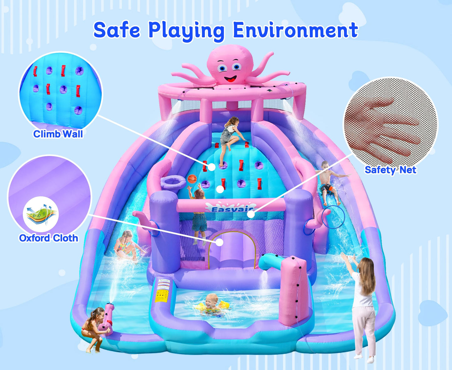 Easyair Inflatable Bounce House Water Slide Combo, Blow Up Water Slides for Backyard, Kids Jumper with Climbing Wall, Basketball Hoop, Splash Pool with Blower