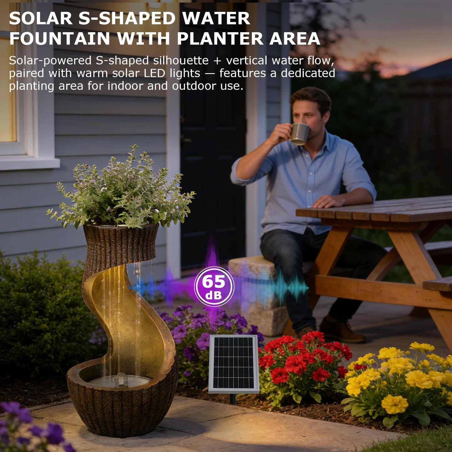 26.77" Tall Solar Water Fountain Outdoor Waterfall Feature, Modern Solar Powered Water Fountain with LED Lights & Planter Bowl for Garden, Patio, Yard, Porch, Deck, Backyard Decor