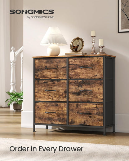 SONGMICS Dresser - 6 Non-Woven Fabric Drawers Storage Organizer Unit for Bedroom | Rustic Brown & Ink Black