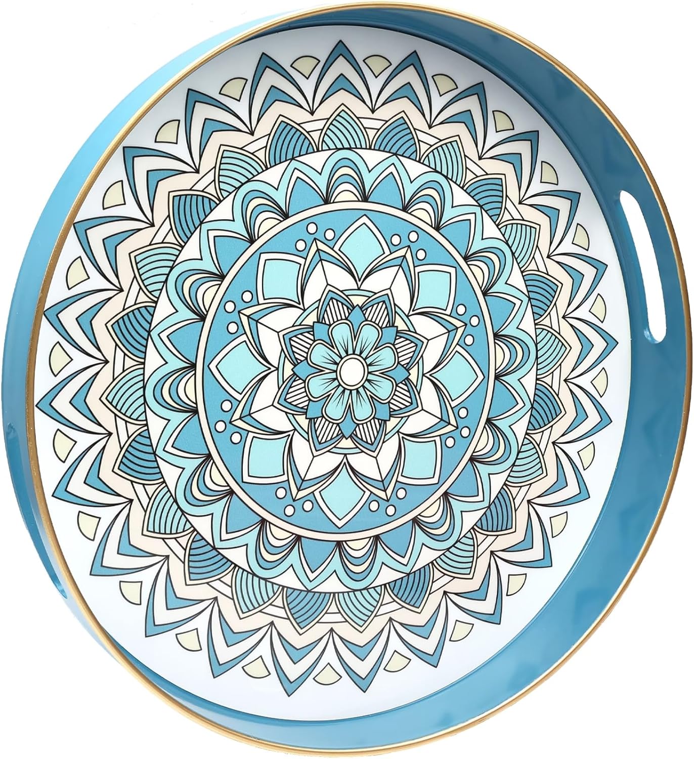 13 Round Cyan Decorative Tray for Coffee Table, Ottoman, Plastic Serving Platter Tray with Handles for Entertaining
