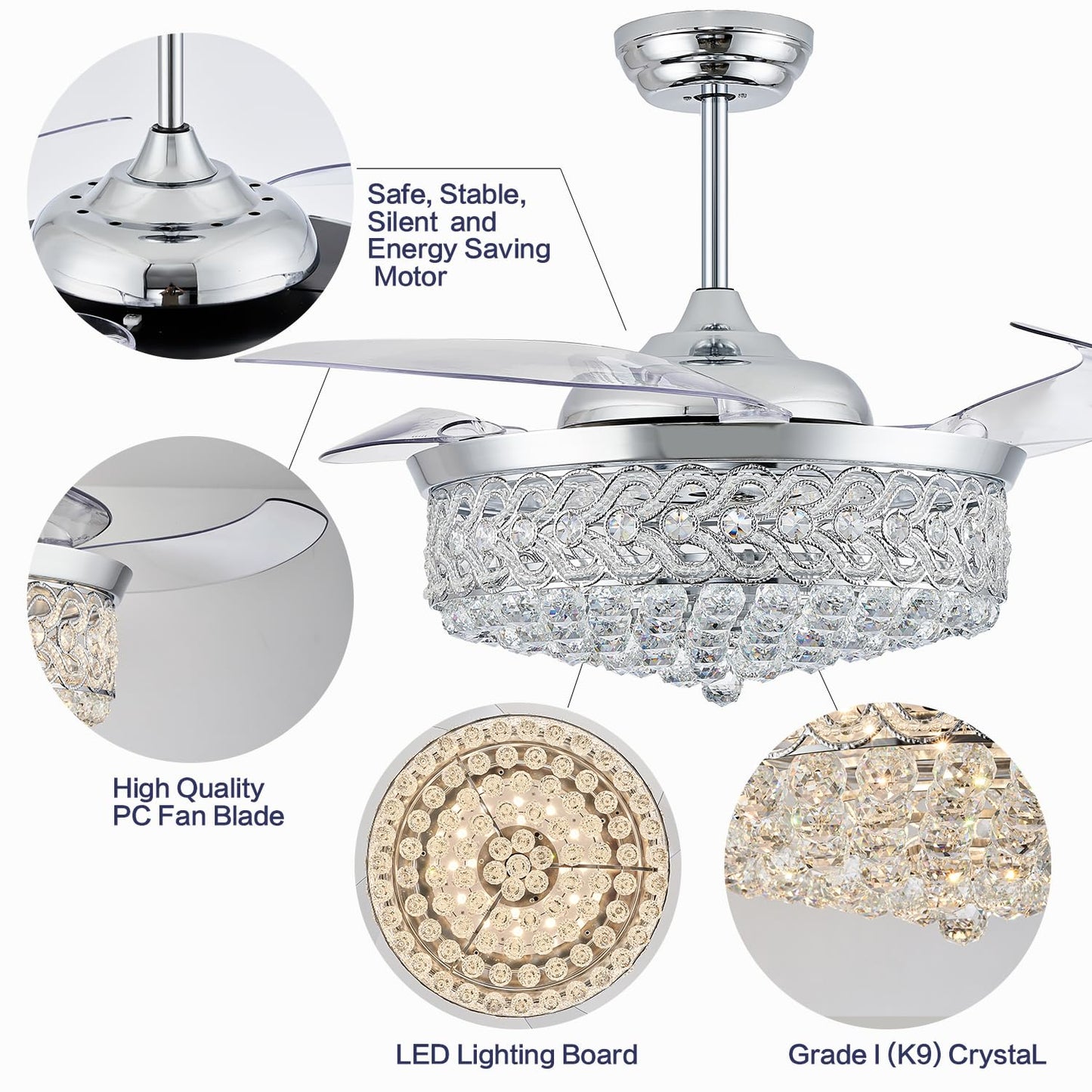 PAFRUMGE 52" Crystal Ceiling Fan with Light and Remote，Dimmable Fandelier with Invisible Retractable Blades, Modern Chandelier Ceiling Fans with Lights for Bedroom Living Room 6 Speed Chrome