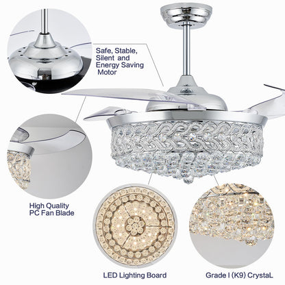 PAFRUMGE 52" Crystal Ceiling Fan with Light and Remote，Dimmable Fandelier with Invisible Retractable Blades, Modern Chandelier Ceiling Fans with Lights for Bedroom Living Room 6 Speed Chrome