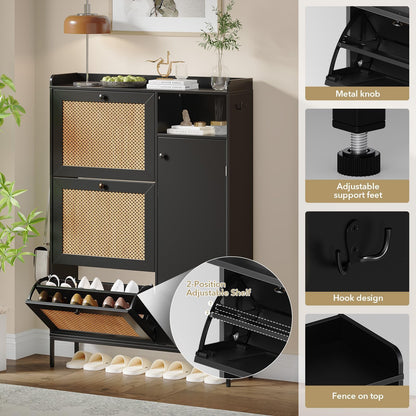 Shoe Storage Cabinet with 3 Flip-Down Doors, Rattan & Metal Frame Organizer, Adjustable Shelves, Narrow Freestanding Rack for Entryway Hallway, Tool-Free Assembly, Modern Farmhouse Decor, Black