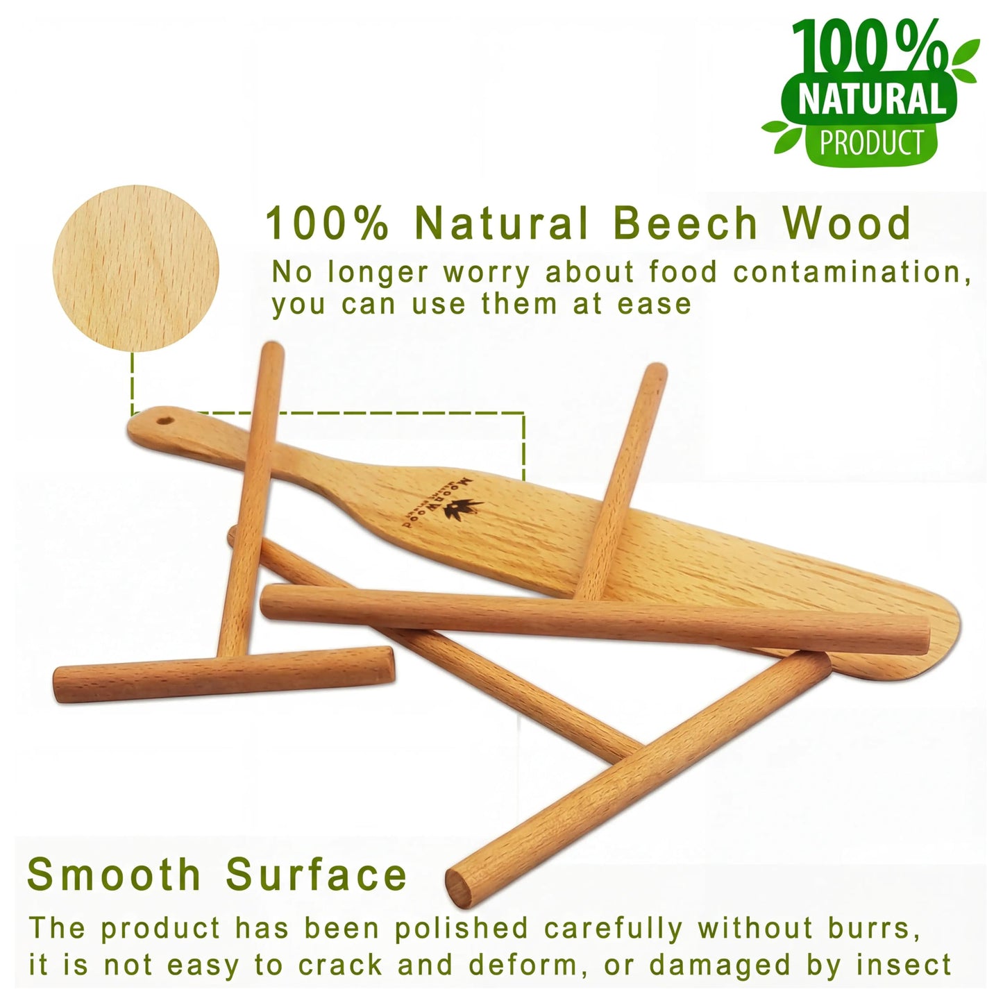 Crepe Spreader Set with Turner, 4-Piece Wooden Batter Tools (3.5, 5, 7, 12 Inch), T-Shaped Design for Pancakes and Griddle Cooking