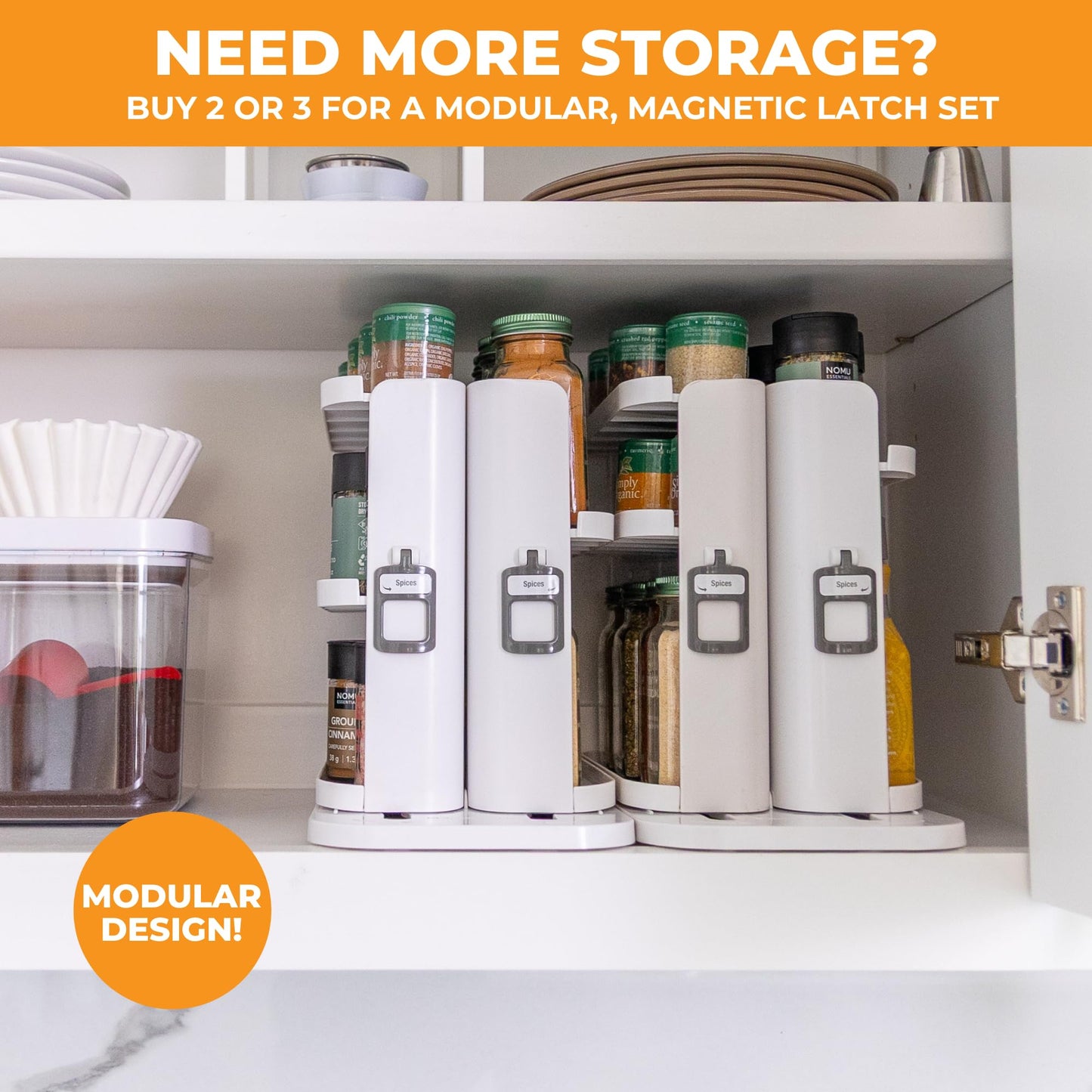 Cabinet Caddy SNAP! Spice Rack Organizer for Cabinet - Slide & Rotate Seasoning Organizer - 4 Snap-In Adjustable Shelves for 5 Tier of Storage - Magnetic Modular Design - 8.9”H x 6.1”W x 10.8”D