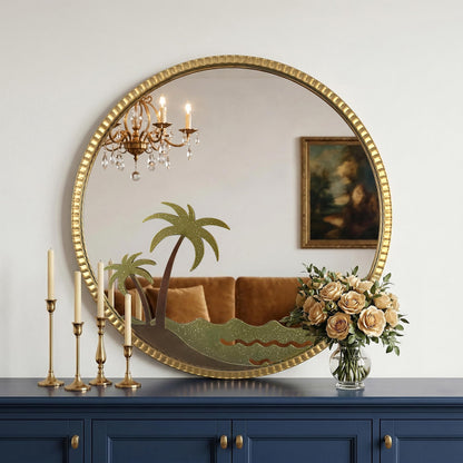 Kaleifaun Round Gold Wall Mirror 32" – Decorative Metal Frame Wall Mirror with Tropical Coconut Tree, Beaded Coastal Accent Mirror for Living Room, Bedroom, Bathroom, Beach House