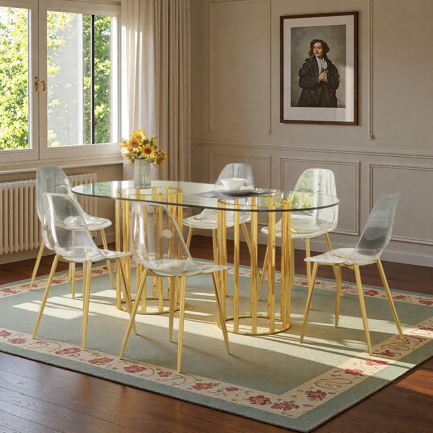 Trygoal Glass Dining Table Set, 7-Piece Table and Chair Set with 71" Oval Glass Dining Table & 6 Clear Acrylic Chairs, Modern 6-Seater Kitchen Table Set with Metal Double Column Luxury Style, Gold