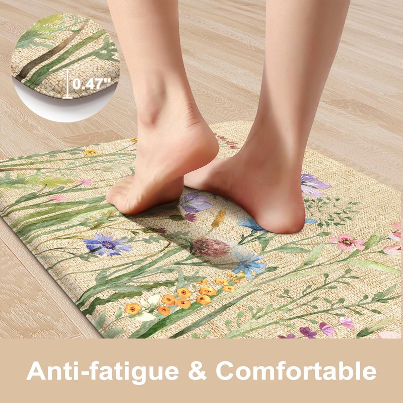 KIMODE Kitchen Anti Fatigue Mats, Farmhouse Flower Kitchen Rugs Sets of 2, Memory Foam Kitchen Mats for Floor, Waterproof Non Skid Standing Mats for Sink Laundry Office Desk Brown 20"x71"+20"x32"