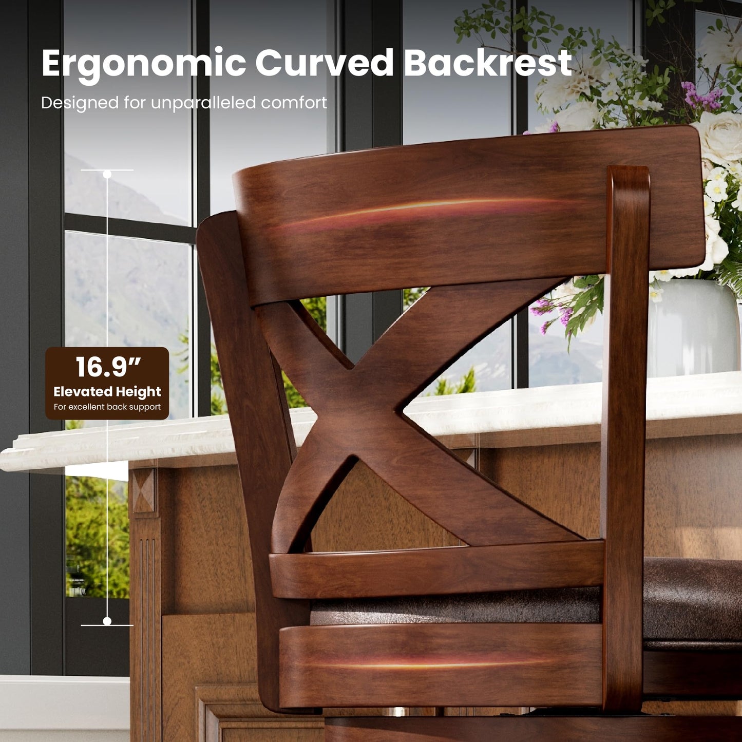 PHI VILLA 26 inch Counter Height Bar Stools Set of 4, Swivel Bar Stools with Back, Wooden Bar Chairs Faux Leather Kitchen Counter Stools