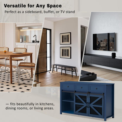 GDFStudio 55" Farmhouse Buffet Cabinet with Sliding Barn Mesh Doors & 3 Drawers, Sideboard Storage Cabinet with Adjustable Shelves, Coffee Bar Cabinet Credenza for Dining Room Living Room, Navy Blue