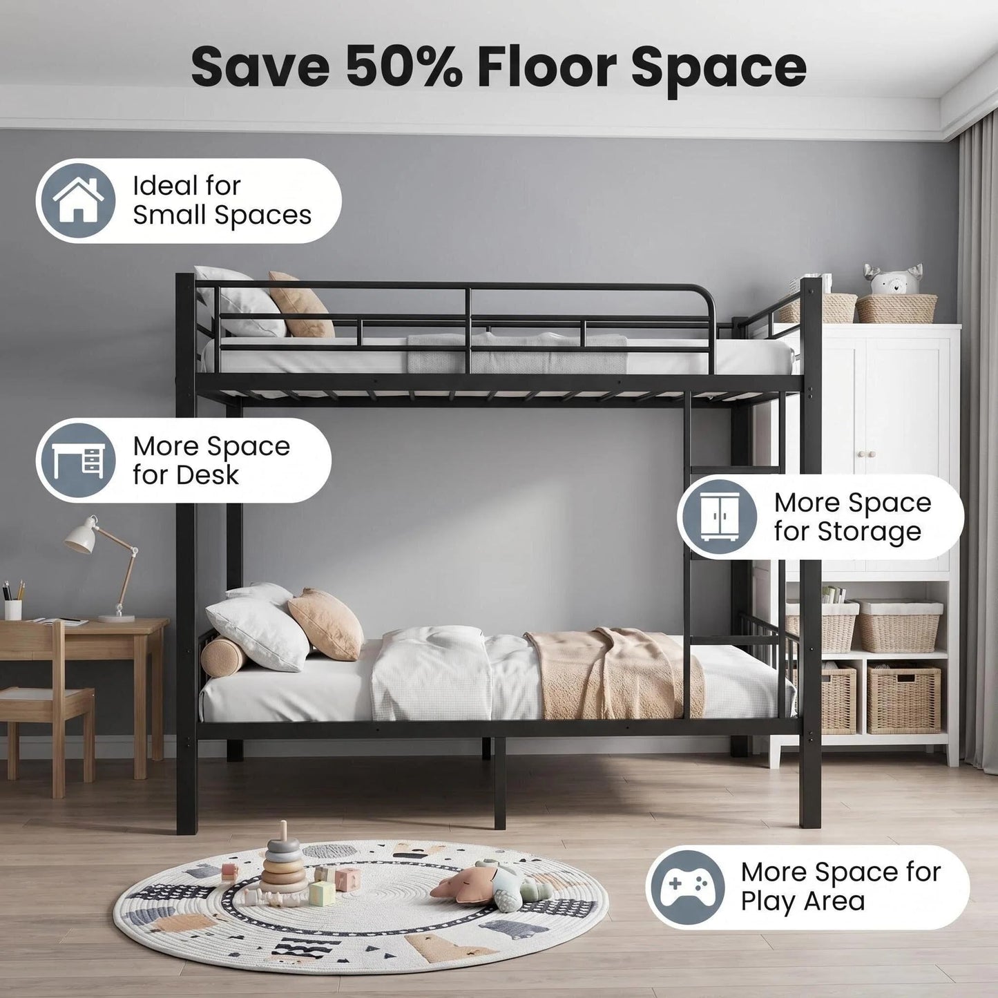 Feetice Queen Over Queen Bunk Bed, Heavy Duty Metal Bunk Bed for Adults & Teens, 400/600lbs Capacity, Full-Length Top Guardrails, Anti-Slip Ladder, 9.8" Underbed, No Box Spring Needed