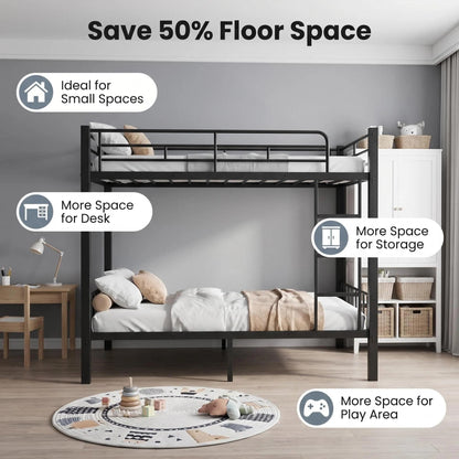 Feetice Queen Over Queen Bunk Bed, Heavy Duty Metal Bunk Bed for Adults & Teens, 400/600lbs Capacity, Full-Length Top Guardrails, Anti-Slip Ladder, 9.8" Underbed, No Box Spring Needed