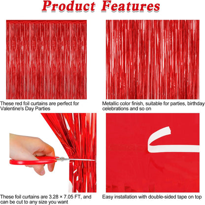 Red Backdrop by Party Essentials - 8 Pack Metallic Foil Fringe Curtains | 3.28 FT x 7.05 FT for Photo Booths & Parties