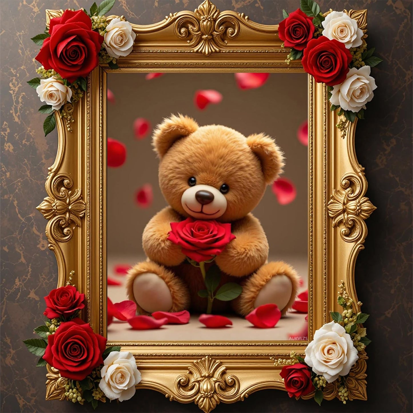 AUKVLZS Diamond Art Kits for Adults Teddy Bear Red Rose Petals Cute Diamond Painting Kits for Adults Beginner, 12x16 in Frameless Diamond Painting Kit for Home Wall Decor