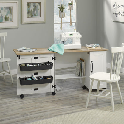 Sauder Miscellaneous Storage Sewing Cart, Drop-Leaf Craft Table, Sewing Table with Storage - Soft White Finish
