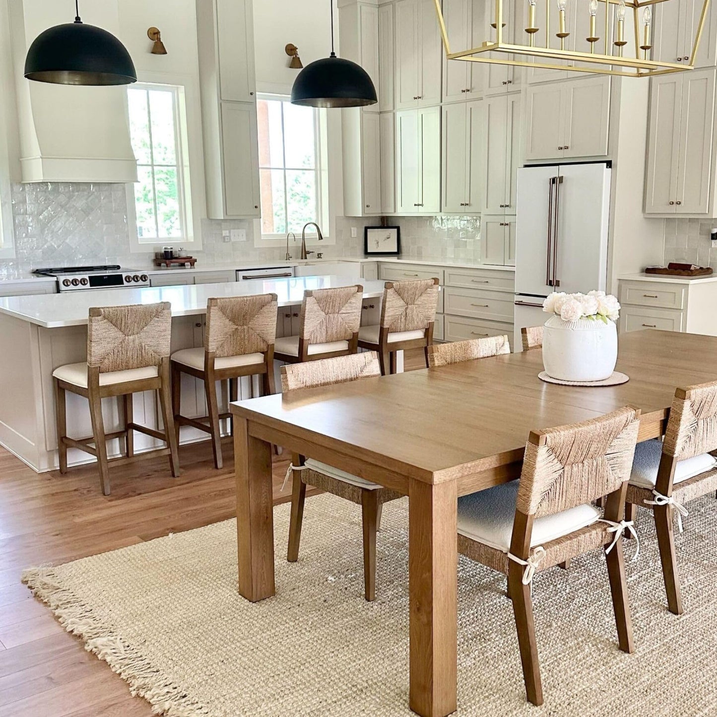 Beacon Boho Dining Chair Set of 6, Boucle Dining Chair with Seagrass Accent and Solid Wood Legs, Cream Boucle/Light Brown