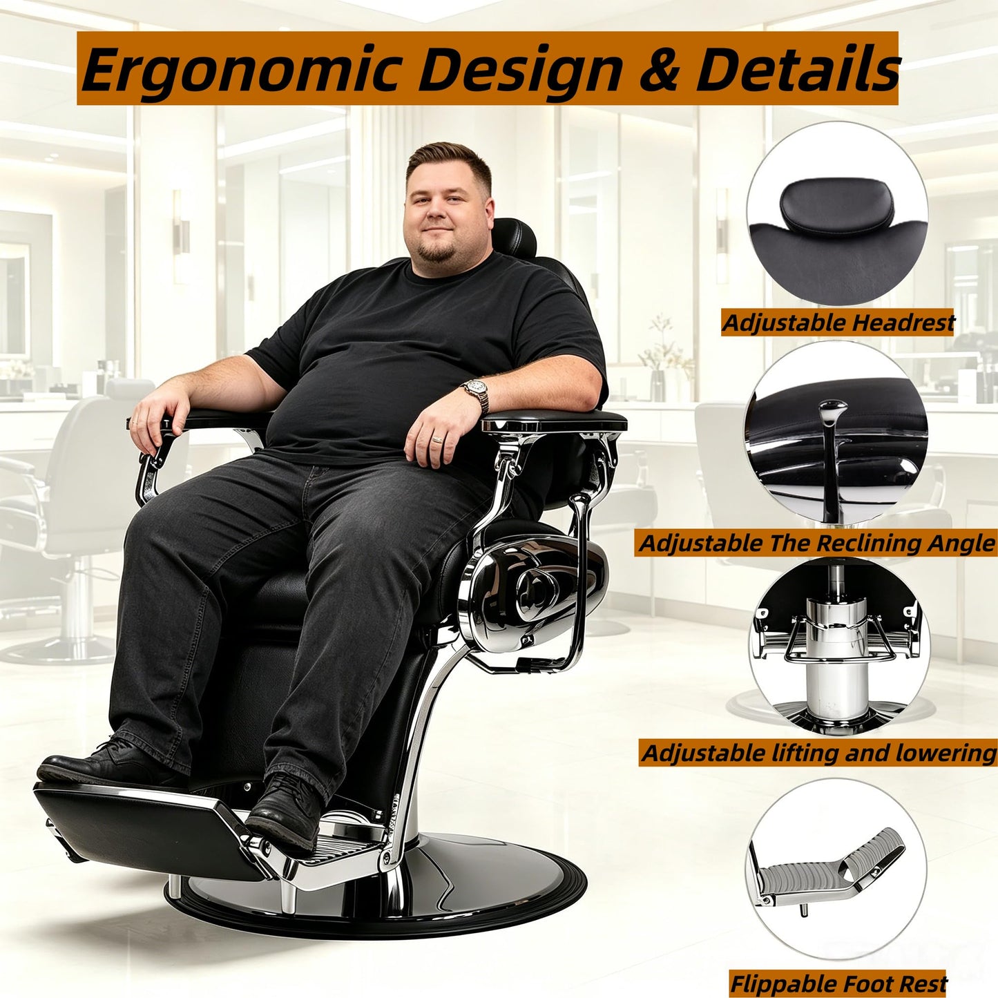Coczeb Barber Chair Heavy Duty (700LB Capacity), Reclining Hydraulic Salon Stylist Chair for Hairstylist Tattoo Spa Massage(Black-Silver,with Adjustable Headrest & Footrest)