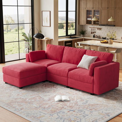 IDEALHOUSE 104" Modular Sectional Sofa, 4 Seater Sectional Couch, L-Shape Modern Sofa with Ottoman, Deep Seat, Oversized Convertible Modular Couch for Living Room Apartment Office, Chenille, Red