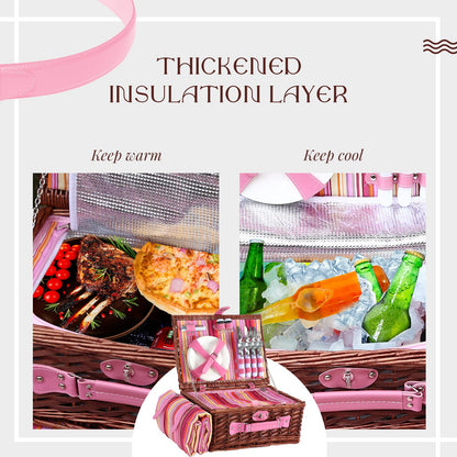 YPshuye Picnic Basket Set for 4 with Waterproof Blanket Mat Insulation Bag Wicker Pink Stripe Classic Fresh Gift for Christmas Thanksgiving Wedding Birthday Camp Outdoor Beach Travel