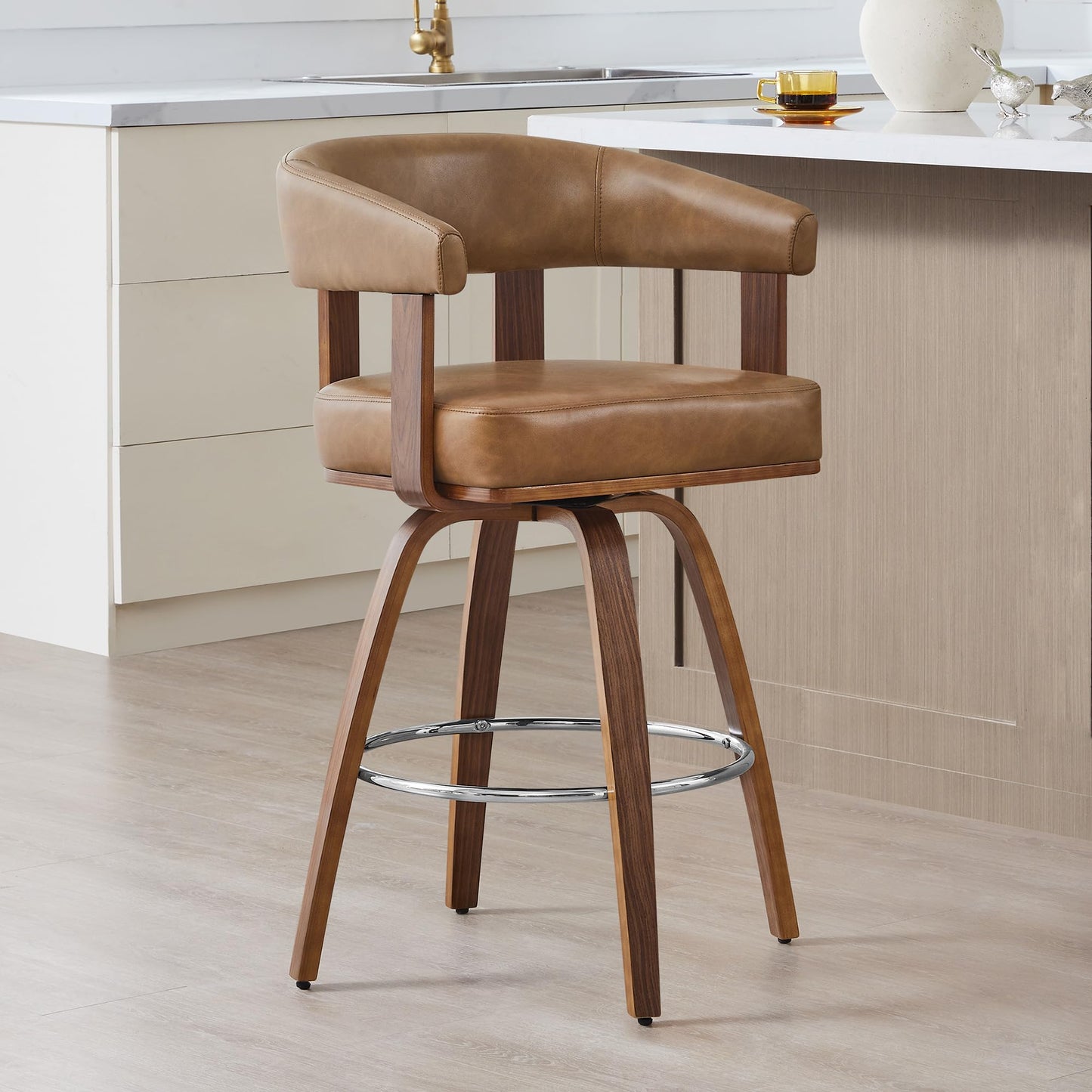 CHITA Swivel Counter Height Barstools Set of 2, FSC Certified Faux Leather Upholstered Bar Stools with Back and Armrest for Kitchen Island Home Bar, 27" Seat Height, Camel with Walnut Frame