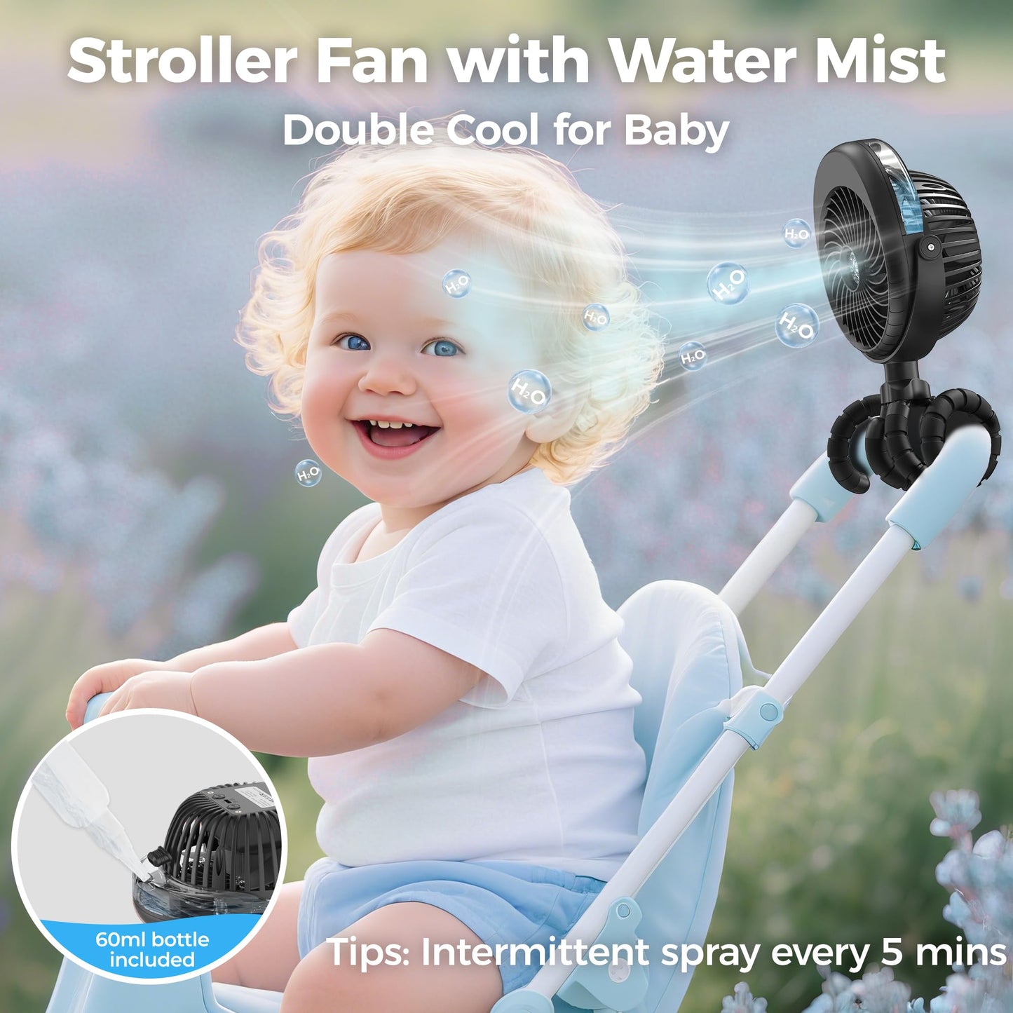 COMLIFE Misting Baby Stroller Fan, Rechargeable Battery Operated, 270° & 360° Pivoting, 50ml Portable Water Sprayer Misting Fan with Flexible Tripod Clip on Car Seat Crib Treadmill Bunk Bed