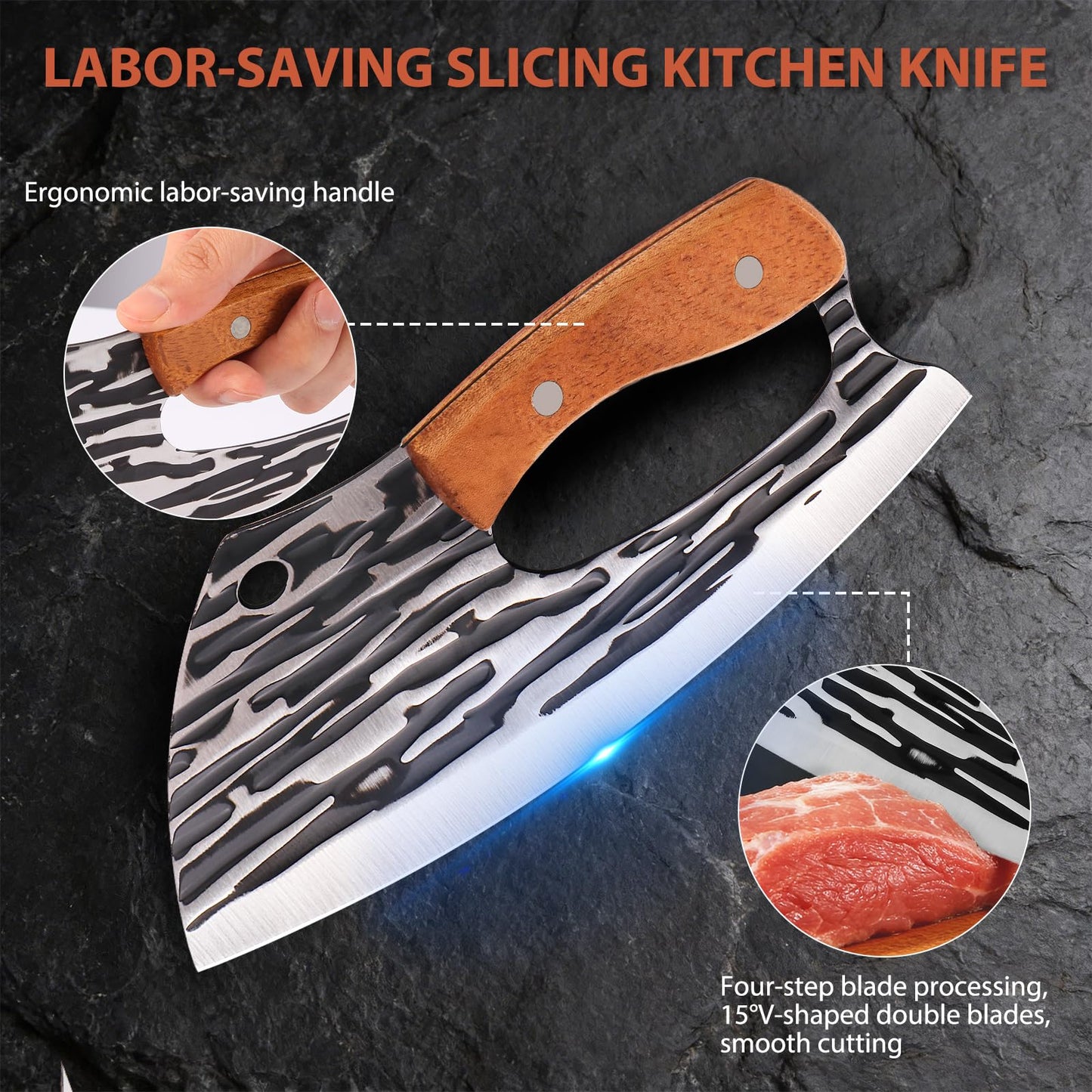 Wruhamd 2 Pcs Meat Cleaver Knife Set, Effort Saving Meat Cleaver for Cutting Meat Vegetable, Sharp Carbon Steel Cooking Viking Knife with Leather Sheath for Kitchen, Camping, Outdoor Cooking, BBQ Gift