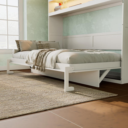 Merax Twin Murphy Bed Frame with Top Cabinet, Multi Storage Shelves & 4 Ratten Doors, 2-in-1 Bed Desk Space Saving Foldable Wall Bed with Light & USB Charging Ports, White