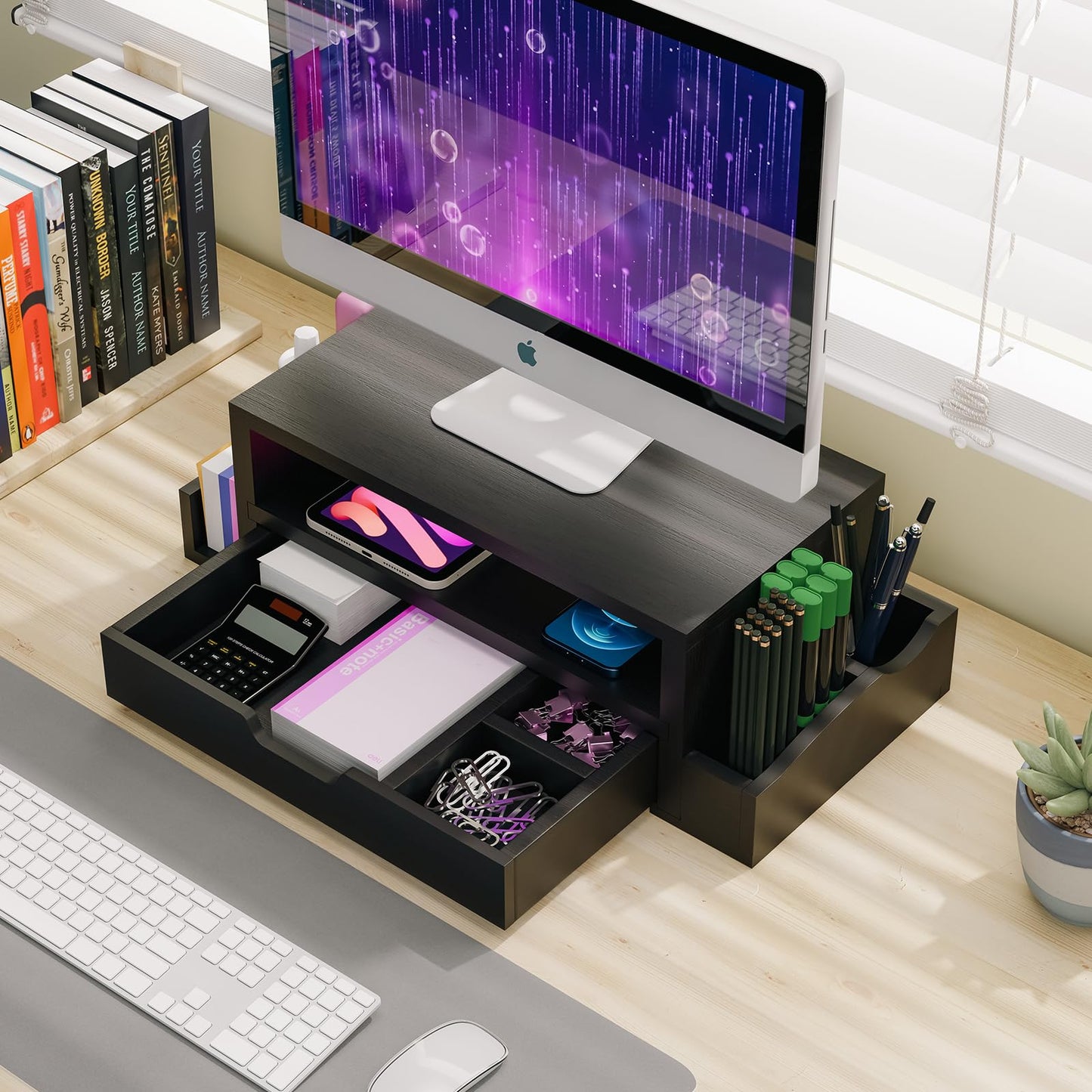 Simple Trending Wood Monitor Stand Riser with Drawer and Pen Holder, Desk Organizer for Home Office, Black