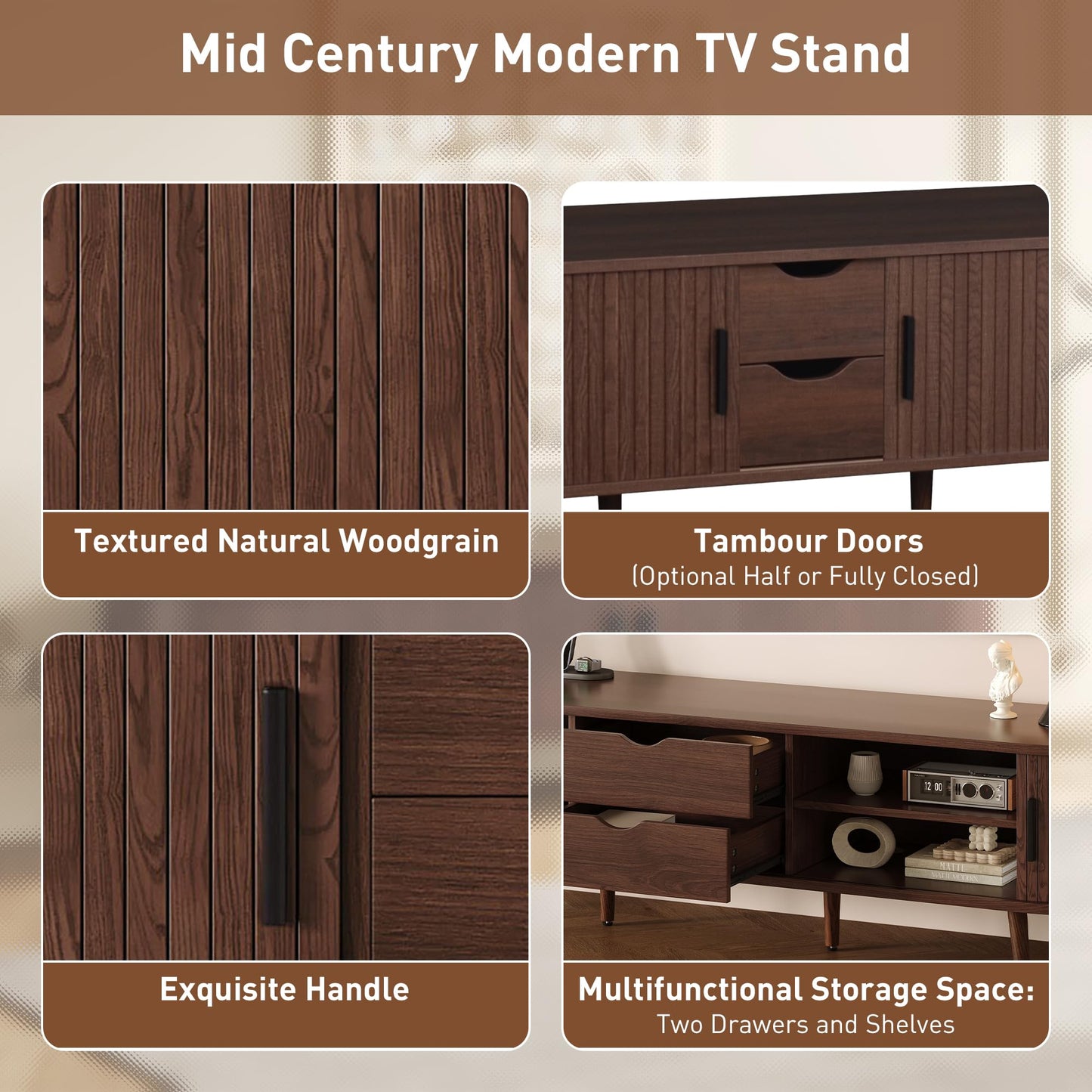 Merax 78'' Modern TV Stand for TVs up to 85 Inches, Entertainment Center with Fluted Glass Drawers & Cable Management, Solid Wood Legs, TV Console for Living Room, Walnut