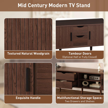 Merax 78'' Modern TV Stand for TVs up to 85 Inches, Entertainment Center with Fluted Glass Drawers & Cable Management, Solid Wood Legs, TV Console for Living Room, Walnut