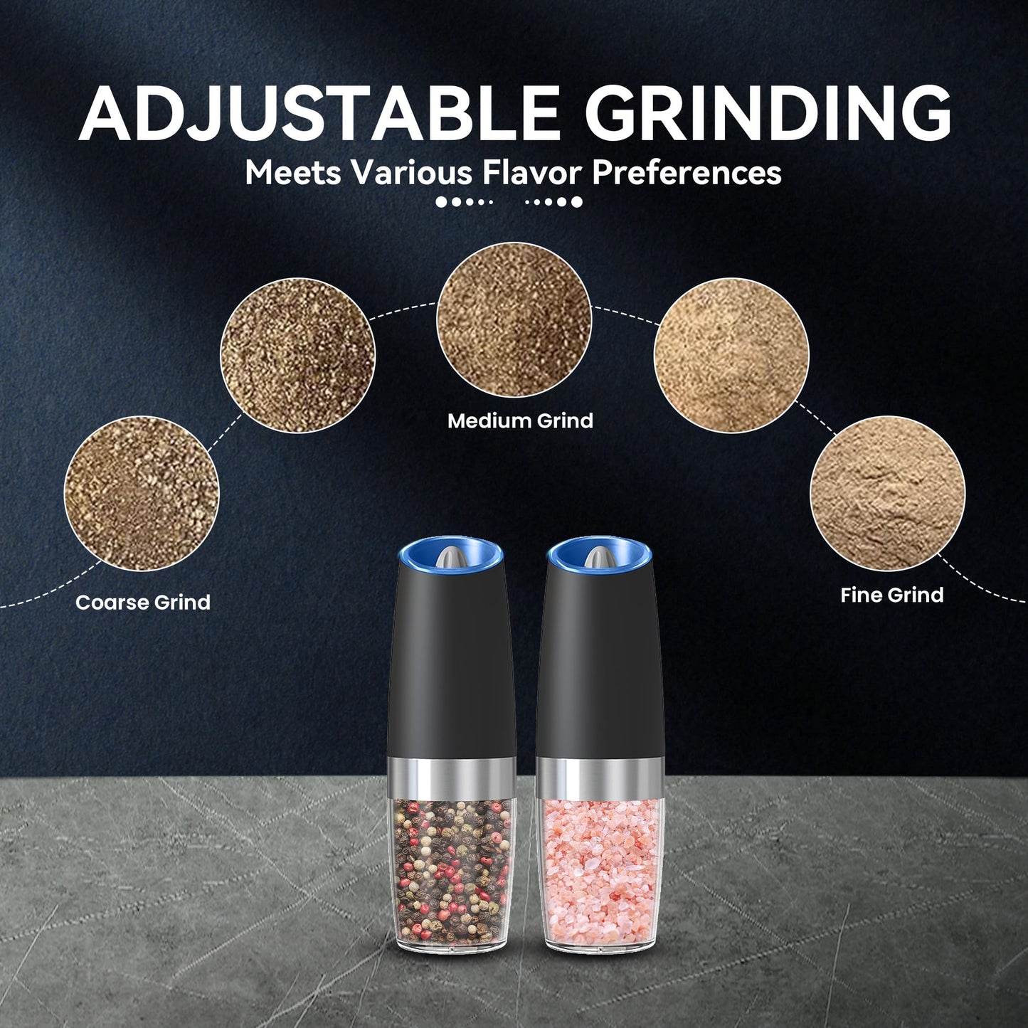 UNNEES Gravity Electric Salt and Pepper Grinder set of 2, Automatic Salt And Pepper Grinder Set, Adjustable Roughness, Battery Powered, LED Light, 2 Pack, (Black)