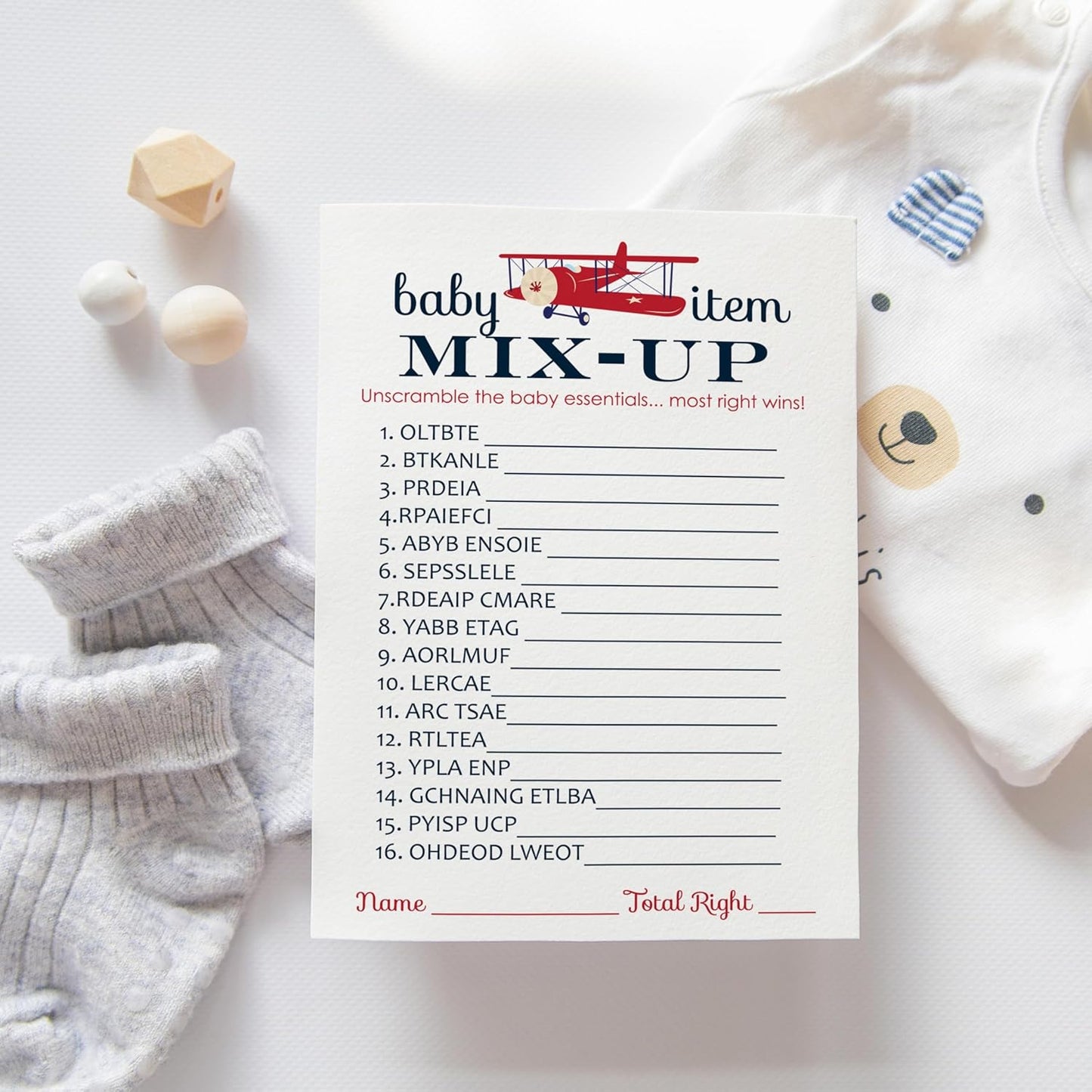Airplane Baby Shower Games for Boys, Word Scramble Activity, 25 Cards, Adventure Theme in Red and Blue