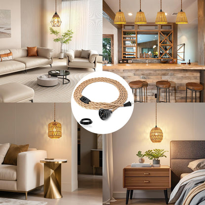 Plug in Pendant Light Cord - 15FT Industrial Hanging Light Kit, Hanging Lights with Plug in Cord With 15FT Hemp Rope, Hanging Lamp Kit with On/Off Switch,E26 E27 Light Socket, Bulb NOT Included