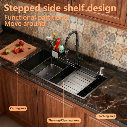 30 Inch Black Drop-In Stainless Steel Kitchen Sink: Single Bowl Deep Scratch Resistant 16 Gauge Workstation with Faucet & Accessories Combo for Family Kitchen
