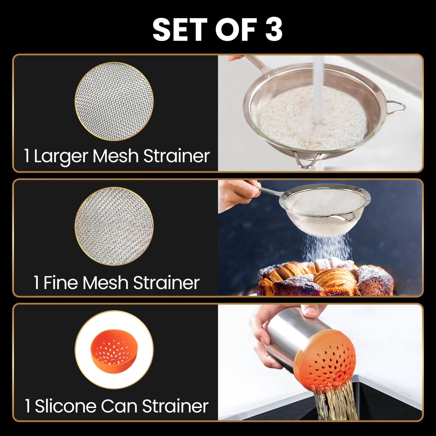 Stainless Steel Fine Mesh Strainer Set, Colander Set with 1 Large Flour Sifter (Sturdy Handle), 1 Small Mesh Sieve for Pasta & Rice, 1 Silicone Can Strainer – Durable, Dishwasher Safe, 5-Year Warranty