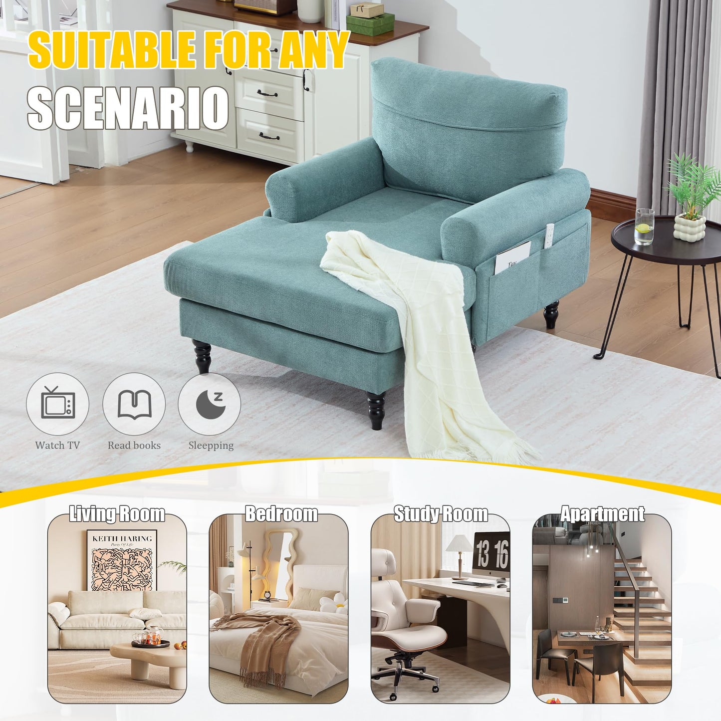 KEIKI Chaise Lounge Chair Indoor, Oversized Accent Chenille Armchair with Storage, Leisure Sleeper Single Sofa Side Chair, Corner Recliner Arm Chairs for Living Room Reading, Easy Assembly, Mint Green