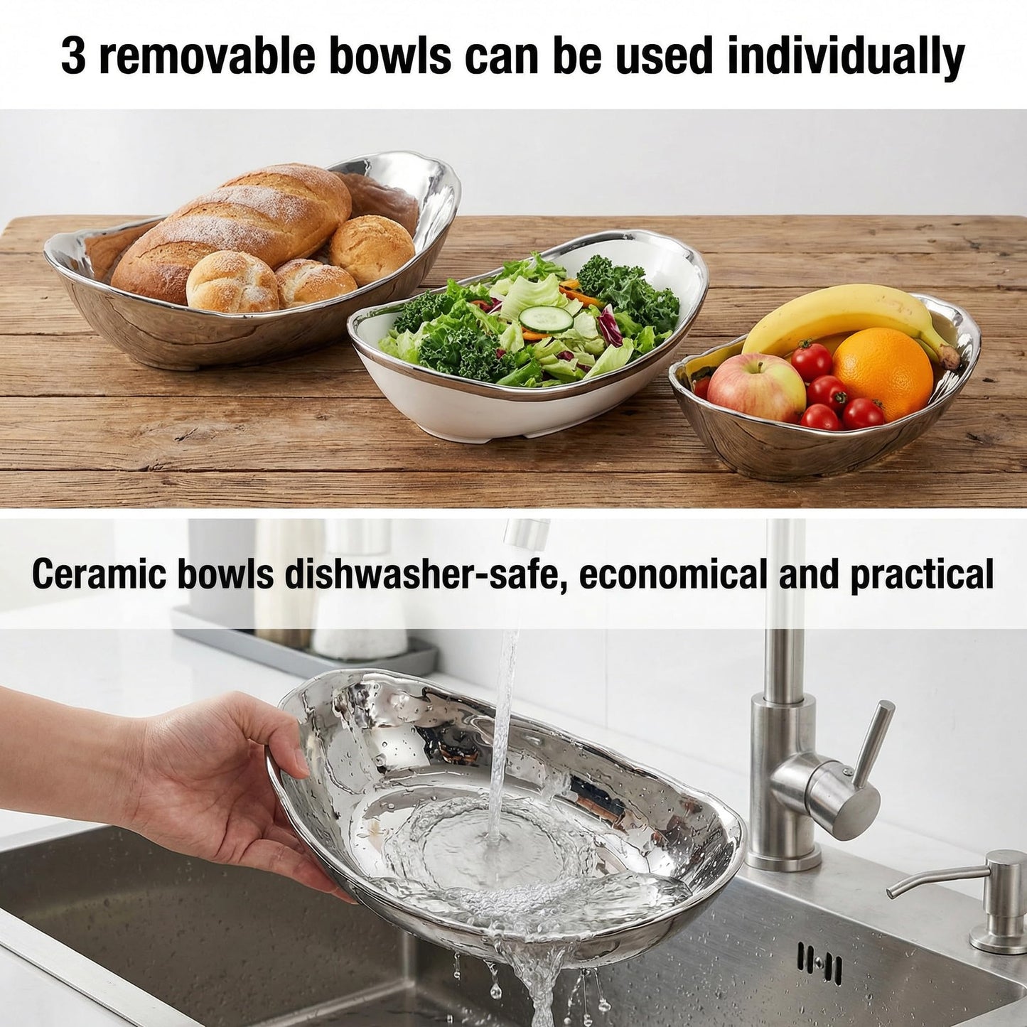 Goaste 3 Tier Ceramic Fruit Bowl, Oval Tiered Serving Bowl Set, Porcelain Fruit Basket with Metal Stand, Large Detachable Fruit Storage Holder Rack for Kitchen Counter, Vegetable, Cake, Dessert, Salad