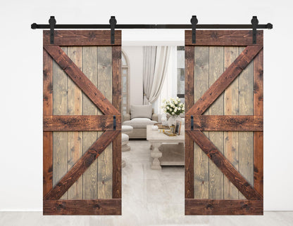 K Series 72in x 84in (36in x 84in x 2 Panels) Brown/Walnut Finished Solid Wood Double Sliding Barn Door with Hardware Track - Assembly Needed