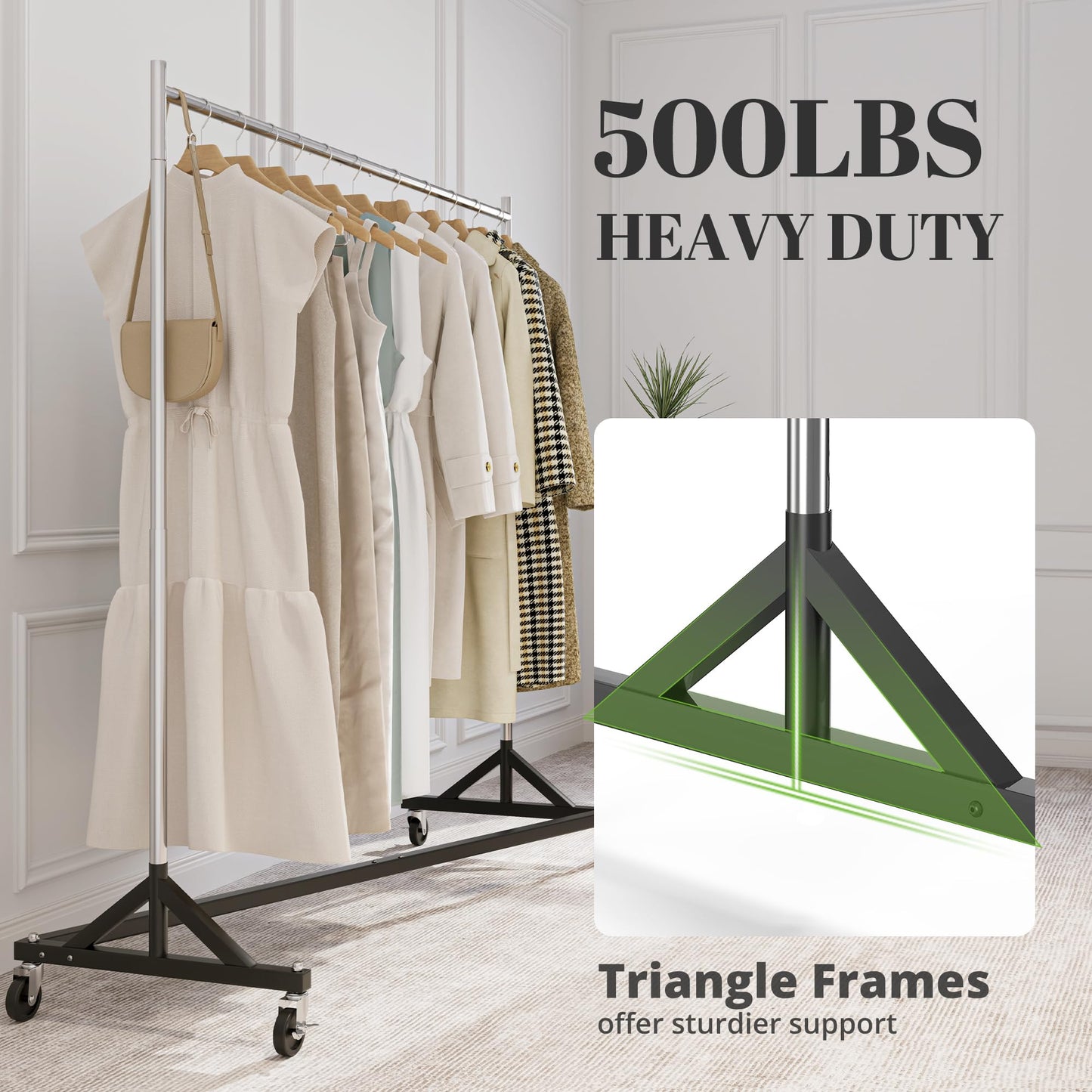 HOKEEPER Z Base Clothing Rack Heavy Duty Clothes Rack for Hanging Clothes Hold 500LBS Commercial Garment Rack with Wheels Adjustable Rolling Clothes Rack Portable Z 24" Dx63 Wx71 H, 3 Pack