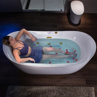 WOODBRIDGE 72" x 35-3/8" Whirlpool and Air Bath Heated Soaking Combination Tub with Adjustable Speed Air Blower and Display Control Panel, Brushed Gold Finish Trim and Drain Kit, BG400