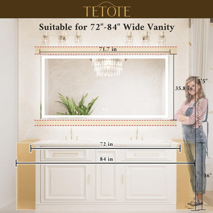 TETOTE 72 x 36 Inch Led Lighted Mirror for Bathroom Wall, Extra-Bright Beveled Bathroom Vanity Frontlit & Backlit Frameless Mirror with 3-Color Lights, Defogging, Tempered Glass, Waterproof