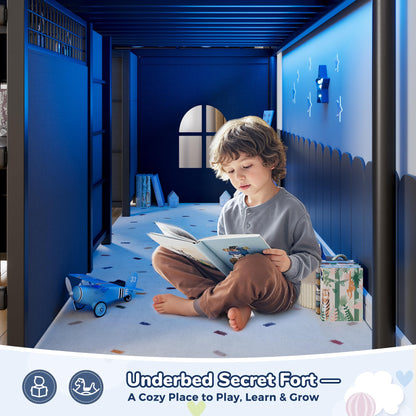 Low Loft Bed Twin Size with 7 Storage Drawers, Desk and LED Lights, Heavy Duty Metal Kids Loft Bed with 13.8" H Safety Guardrail, Anti-Collision Pad, Private Play Curtain, Under-Bed Play Space - Black