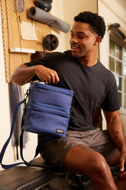 PackIt MOD 3-IN-1 Lunch Box, True Blue, Triple Function System, Insulated and Freezable with EcoFreeze Technology, Removable Crossbody Strap, Top Handle, Designed for Fresh Office or Work Lunches