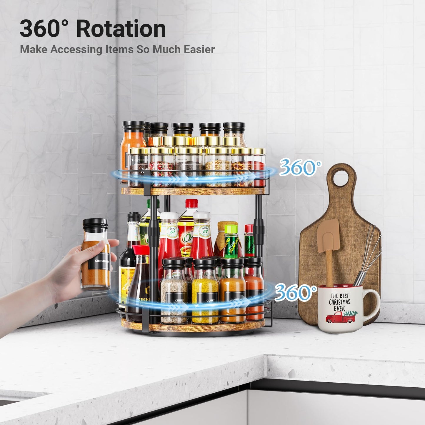 Across-Star Lazy-Susan-Organizer-Spice-Rack, Rotating Spice Organizer For Cabinet Pantry, Seasoning Holder Spice Shelf With Adjustable Height, Kitchen Counter Shelf Countertop Organizer