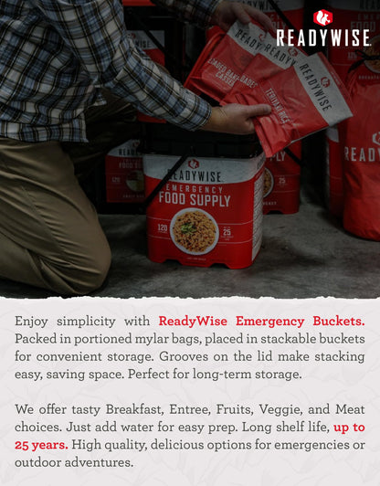 ReadyWise 30 Day Emergency Food Supply - 296 Servings, 2 Buckets, Freeze Dried Protein Meals, Survival Food Storage, Ready to Eat, Backpacking & Camping Essentials, up to 25 Year Shelf Life