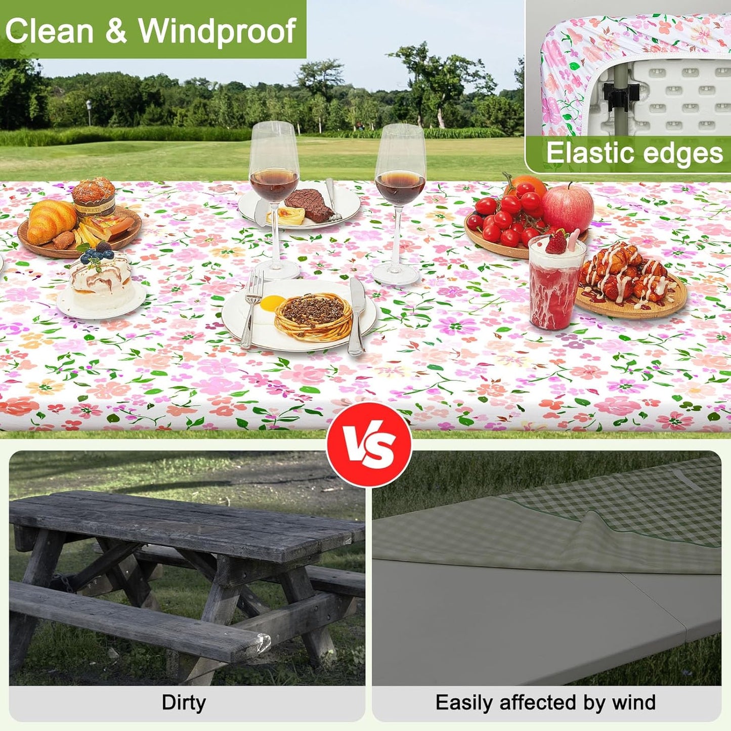 HobbLab Rv,72in,Pink Picnic Table Cover with Bench Covers Portable Table Cloth Built-in Storage Pocket Fitted