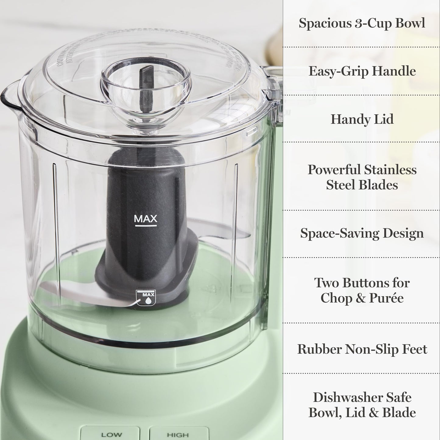 Martha Stewart 3 Cup Electric Food Chopper, Vegetable & Herb Mini Food Processor, 24oz BPA-Free Bowl, Stainless Steel Blades, Pour Spout, Dicing, Mincing, Chop & Puree, Dishwasher Safe, Honeydew
