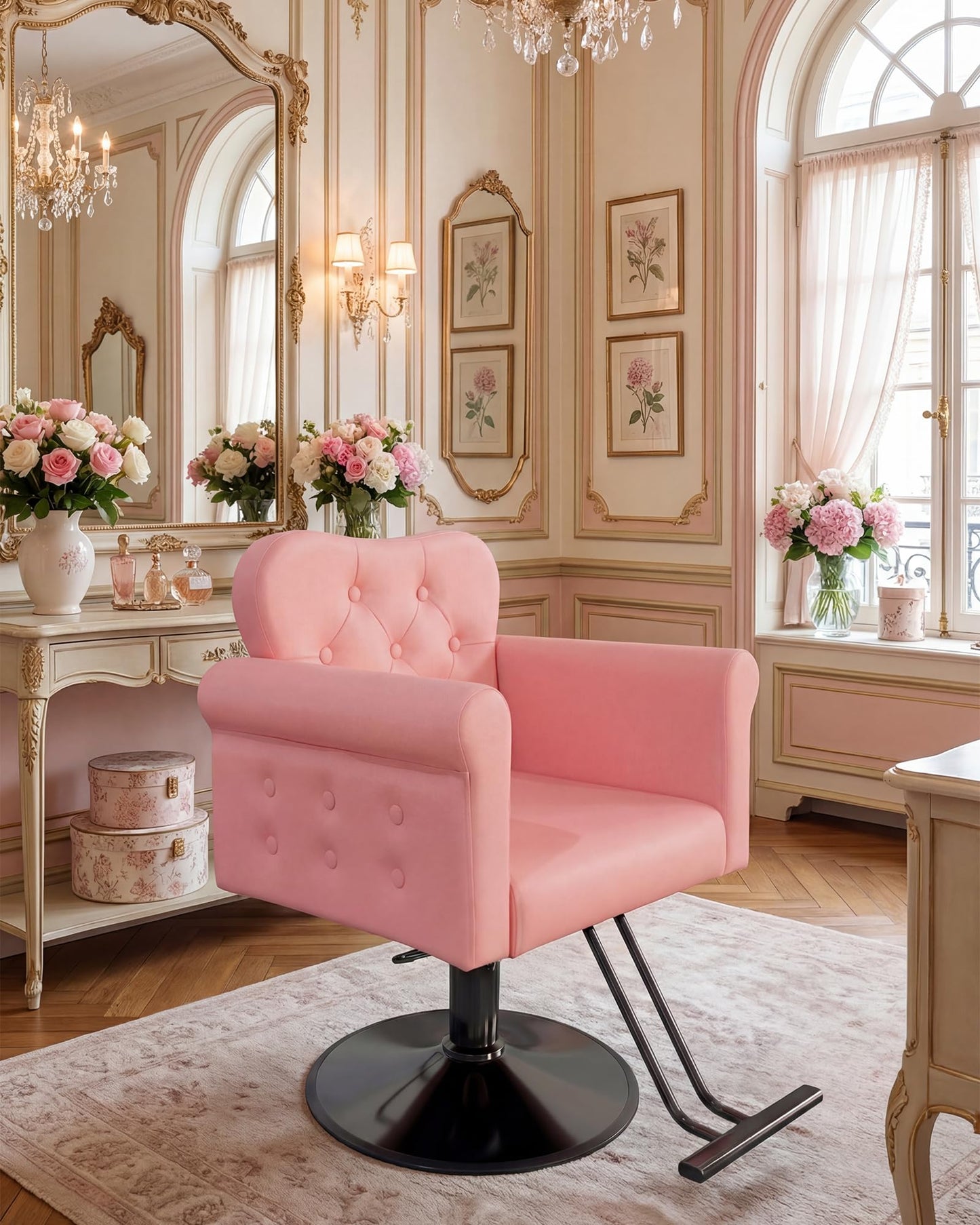 Garvee Salon Chair for Hair Stylist, PU Leather Barber Chair with 360° Swivel, Tufted Button, Metal Round Base, Hydraulic Lift, Supports Up to 330 Lbs, for Barbershop, Beauty Spa, Home, Pink