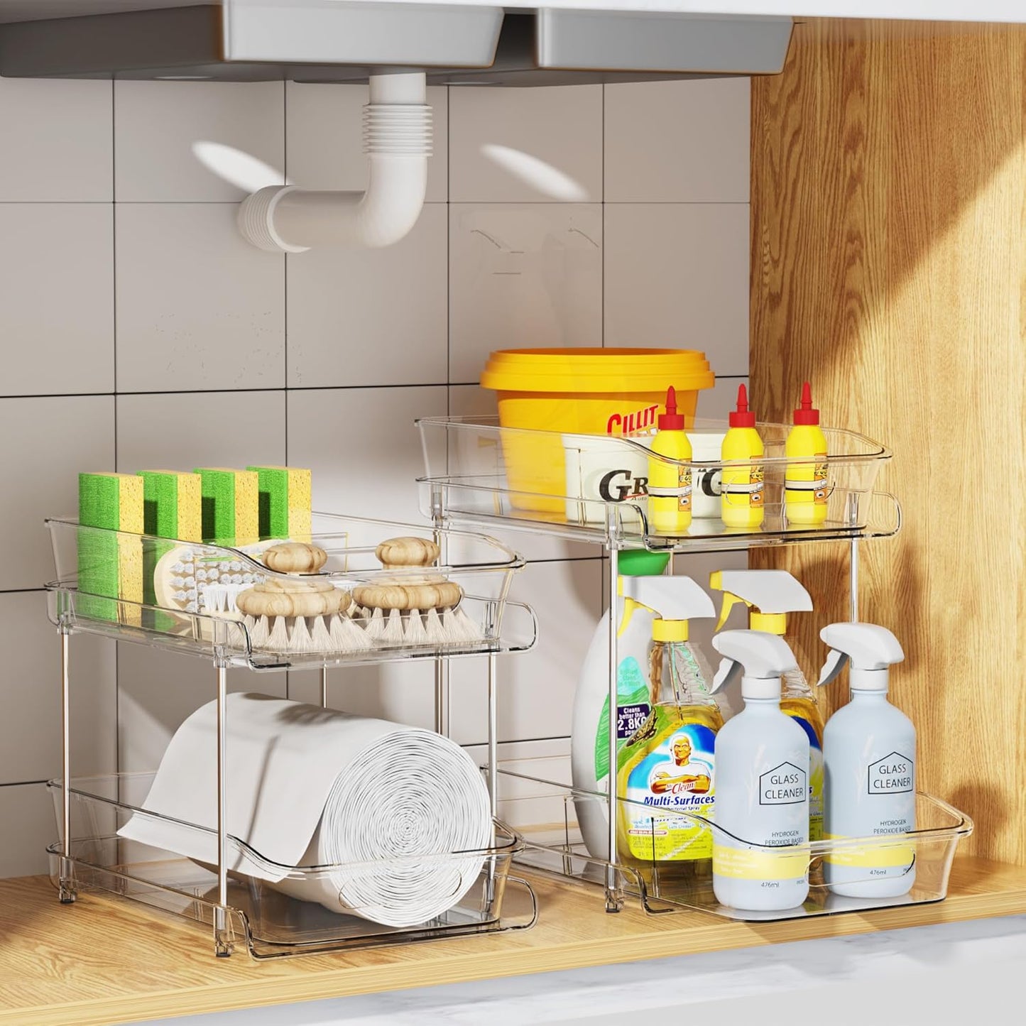 Delamu 2 Sets of 2-Tier Clear Under Sink Organizers, Multi-Purpose Stackable Bathroom Cabinet Storage